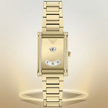 Emporio Armani 亞曼尼 Mystery Hour 晶鑽時尚復古磅秤設計女錶-金/21x32mm AR11812