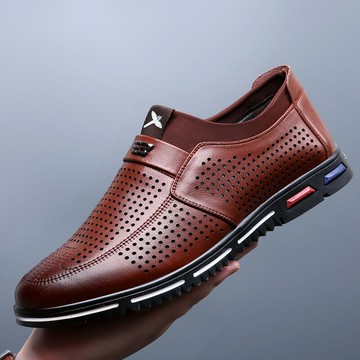 夏季男士涼鞋圓頭真皮透氣休閑鞋男百搭鏤空皮鞋中老年洞洞鞋子