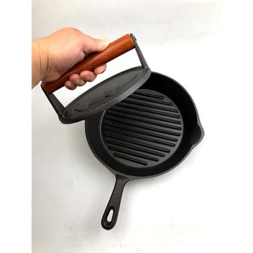 圓款帕尼尼鍋鑄鐵鍋帶條紋壓板露營牛排熱壓三明治電磁爐燃氣灶