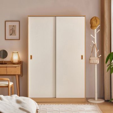 林氏木業北歐小戶型1.2M滑門衣櫃LS466-原木+白色-(H014390632)