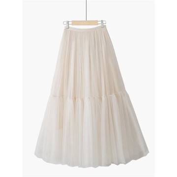 秋冬韓版純色復古簡約百搭甜美仙女中長款拼接蓬蓬網紗蕾絲半身裙