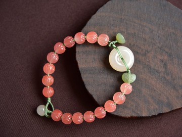 【粉蓮】天然和田玉青海料藕粉平安扣南紅冰飄蓮花珠寓意手鏈