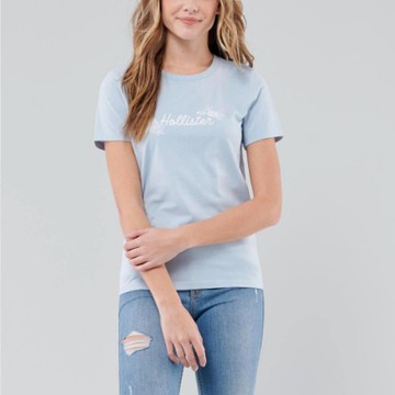 Hollister 海鷗 經典刺繡花印圖案文字短袖T恤(女)-水藍色