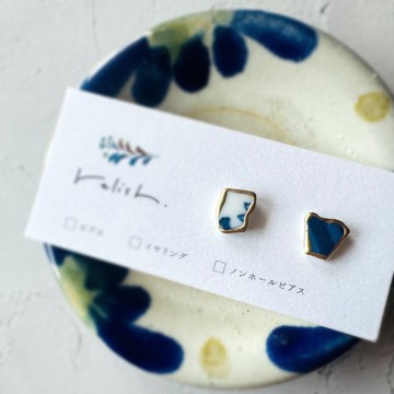 【再販】藍色 白色 小巧 備前燒 金繼 耳針 無耳洞耳夾 簡約 金色 贈禮 禮物