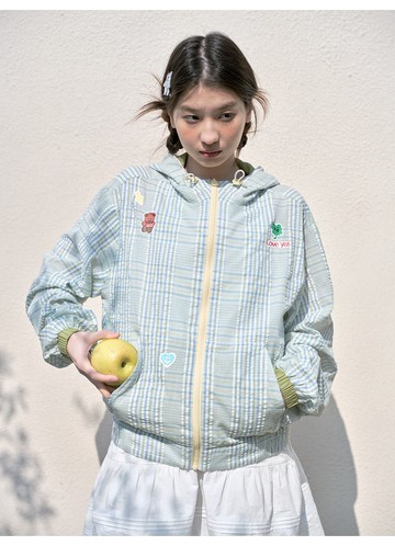 odd maker 薄棉格紋手賬印花連帽外套女春防風薄款寬松百搭上衣