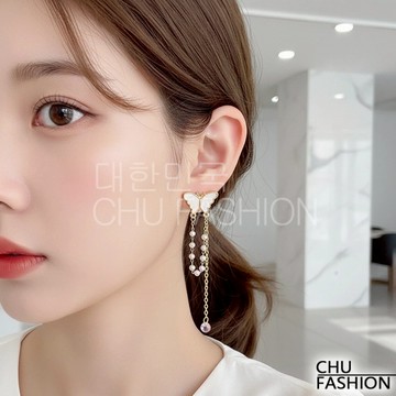 【CHU】韓國直輸 粉蝶珍珠雙鍊水滴 耳環 韓系柔美氛圍款