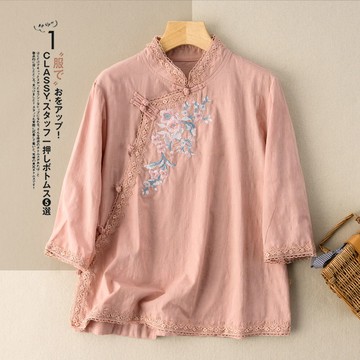 刺繡寬版棉麻上衣棉麻襯衫花邊盤扣斜襟茶服女文藝復古女春夏新款【倪醬】