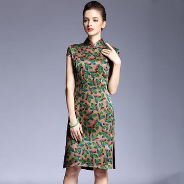 8057夏裝中式真絲香云紗改良復古旗袍連衣裙媽媽裝桑蠶絲修身禮服