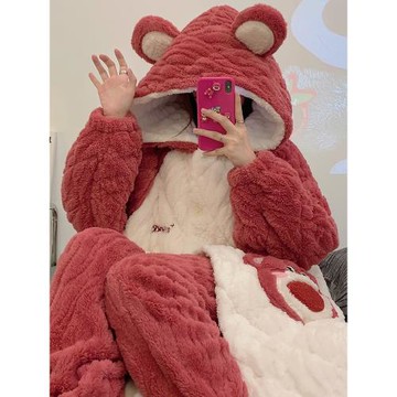 秋冬季三層夾棉睡袍女珊瑚絨加厚加絨長款連帽睡衣外穿家居服套裝