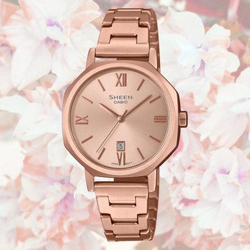 CASIO 卡西歐 SHEEN 時尚優雅 拋光金屬玫瑰金 八角形淑女腕錶 SHE-4554PG-4A