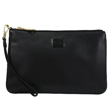 MIU MIU 5NH012 SOFTY 金屬LOGO皮革拉鍊大手拿包.黑