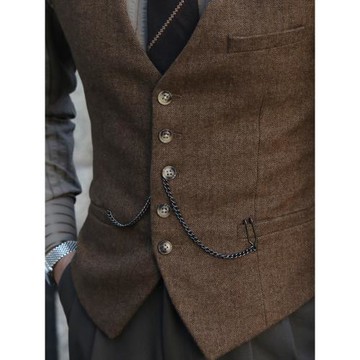 復古英倫雅痞棕色單排扣羊毛粗花呢 人字紋休閑修身結婚西裝馬甲