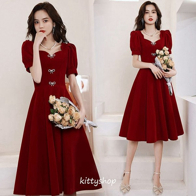結婚式ドレス ワイン赤 ゲストドレス パフスリーブ ミモレ丈 お嬢様 優雅 エレガント パーティードレス 誕生日 代 30代 二次会ドレス お呼ばれドレス 半袖 通販 Lineポイント最大0 5 Get Lineショッピング