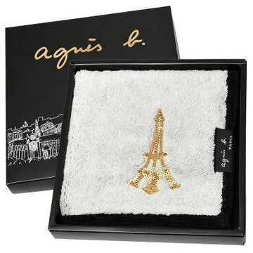 agnes b. 黑/白底配色金亮片艾菲爾鐵塔品牌布標LOGO小方巾禮盒(28CM)