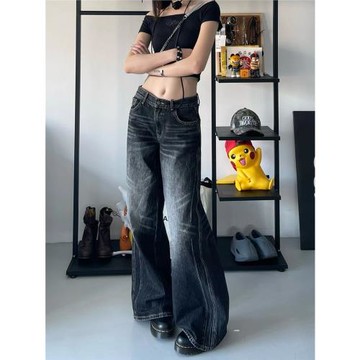 大碼美式復古高街vibe直筒牛仔褲女水洗寬松顯瘦高腰闊腿拖地褲子