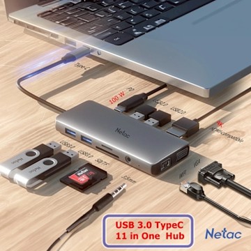 Netac 台灣雷騰 Type-C 11合1 擴充集線器 100W 快充/4K HDMI/網口/讀卡
