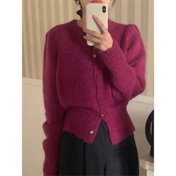 chic浪漫甜心溫柔紫波浪邊愛心扣軟糯毛衣女秋冬超好看的上衣外套