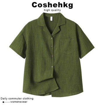 Coshehkg復古西裝領寬松短袖襯衫女夏季新款顯瘦口袋外搭氣質上衣