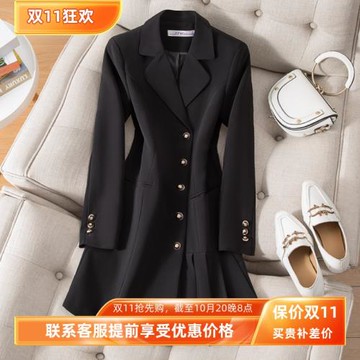 2025春季赫本風西裝連衣裙女高級感氣質名媛收腰百褶黑色西服裙女