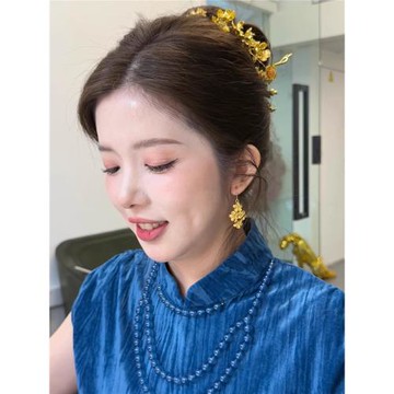 繁花似錦花朵耳環女黃金色新中式精致流蘇耳鉤復古鎏金扶桑花耳飾