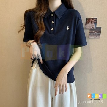 短袖POLO衫女 V領T恤 大碼胖mm設計感T恤 POLO領百搭顯瘦短袖 夏季多巴胺上衣 純棉T恤女 翻領上衣 寬鬆百搭