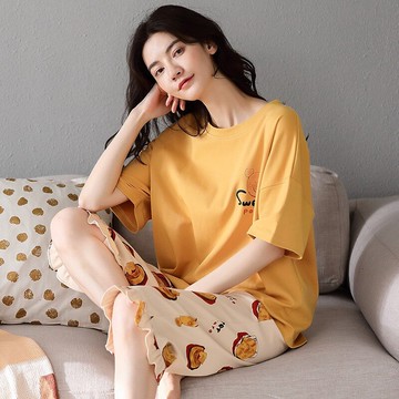 純棉夏季睡衣女短袖七分褲甜美清新可愛卡通全棉家居服可出門套裝