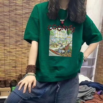 100%純棉 短袖T恤女 夏季新款 小眾設計感 印花T 寬鬆休閒百搭 圓領上衣 日常穿搭 大尺碼遮肉