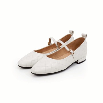 真皮菱格紋方頭瑪莉珍娃娃鞋－白