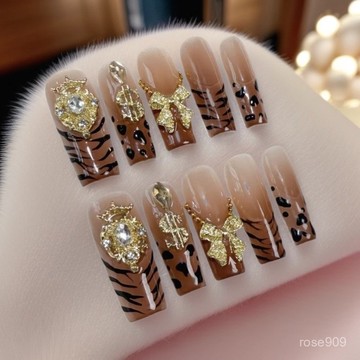 ✨Hannah✨歐美歐方型手工美甲冰透漸變豹紋手繪穿戴甲純手作可拆卸式美甲片純手工穿戴甲 GV2W