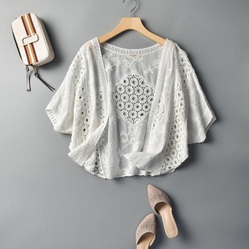 2025夏季蕾絲外搭開衫海邊度假防曬衫大碼寬松罩衫鏤空套頭打底衫