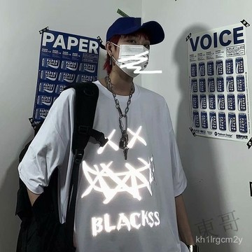 🐱 限時下殺 🐱M-5XL 大學t 反光笑臉五分袖 T恤男 情侶裝 短袖 男生衣服 青少年反光印花上衣 男生上衣 8GG