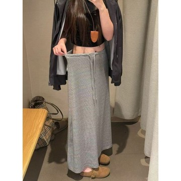 【小個子】韓系灰色條紋半身裙女 夏季薄款半身裙 慵懶風 高腰半身裙 垂感 a字裙 中長裙 小隻女穿搭 ins風 條紋裙