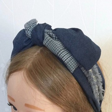蝴蝶結髮箍/ 格紋丹寧牛仔印紋頭箍 髮圈寬版髮窟寬邊頭帶髮窟