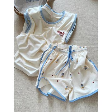 甜美少女可愛卡通泰迪熊印花純欲無袖睡衣女春夏款家居服套裝夏天