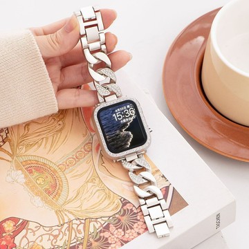 鑲鑽牛仔鏈錶帶 適用於 Apple watch 11 10 9 8 蘋果40 42 44mm氣質腕帶 搭配鑽殼