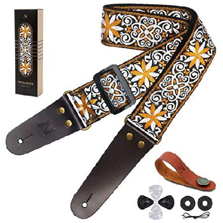 Guitar Strap, Vintage Embroidered Cotton Guitar Straps with Genuine Leather Ends for Bass, Electric  Acoustic Guitars, Come with Free Strap Butt