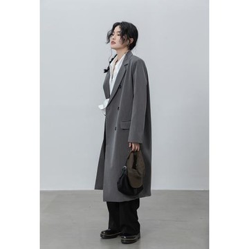 覓定灰色西裝大衣外套女春季2025新款長款黑色小個子氣質正肩西服