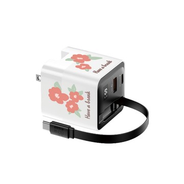 氮化鎵GaN快充器 TRON PD65W 氮化鎵 自帶線急速充電器 白 平塗手繪花 電源供應器