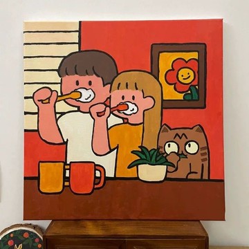 一起刷牙 裝飾畫 ins可愛情侶家居刷牙同居現代裝飾畫臥室書房掛畫