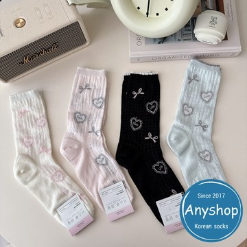 Anyshop韓國襪 蝴蝶結愛心蕾絲襪 韓系甜美 愛心 蝴蝶結 中筒襪 韓襪 韓國襪子 女襪 女生襪13601