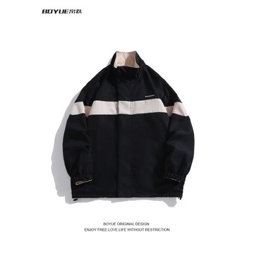 BOYUE帛躍青少年高級感雙面穿拼色夾克條紋拼接運動情侶外套男女