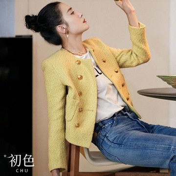 初色  粗花呢小香風雙排扣圓領短版休閒外套-共2色-64303(M-XL可選)