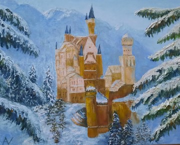 新天鵝堡 冬日 原創油畫，巴伐利亞風景畫作