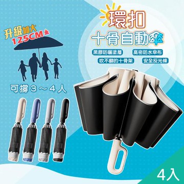 QiMart 大傘面反光條環扣反向黑膠摺疊自動傘(A款)x4入