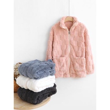 拉鏈立領法蘭絨睡衣女款上衣單件加厚加絨可外穿珊瑚絨冬季家居服