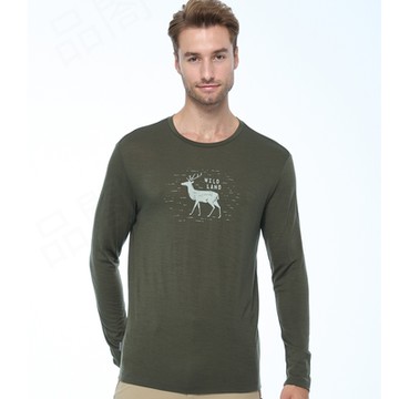 wildland荒野 男100%美麗諾150印花長袖衣鼠尾草綠