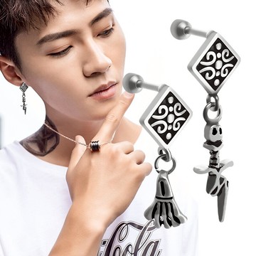 暗黑系復古圖騰耳釘男士潮男酷朋克冷淡風個性耳環方潮流男款單只