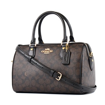 COACH 緹花LOGO防刮皮革手提/斜背二用波士頓包-咖啡色