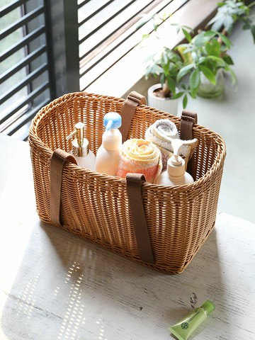 仿藤編織包購物籃買菜籃子 手提花籃戶外野餐籃水果籃 洗漱用品籃