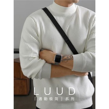 LUUD 白色簡奢坑條紋理感半高領毛衣男士冬季保暖打底針織衫上衣